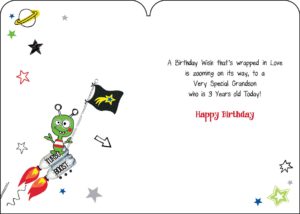 A Celebratory Grandson 3rd birthday card, design Space boy in Outer Space, Martians & Planet.